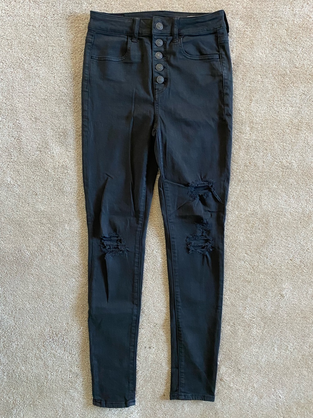 American Eagle High-Rise Black Distressed Button-Fly Skinny Jeans